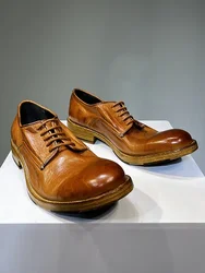 Horse Leather Washed Retro Handmade Men's Derby Shoes Goodyear-sole Large Toe Thick Sole Casual Raised Toe Men's Leather Shoes