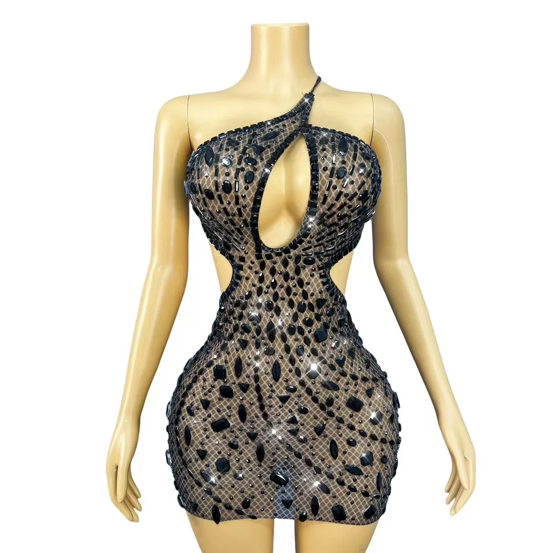 Vestido Sexy Sensual para mujer, vestido ceñido con tachuelas de cristal recortado, Mini vestido transparente para discoteca de noche, ropa de dormir, disfraces de Showgirl