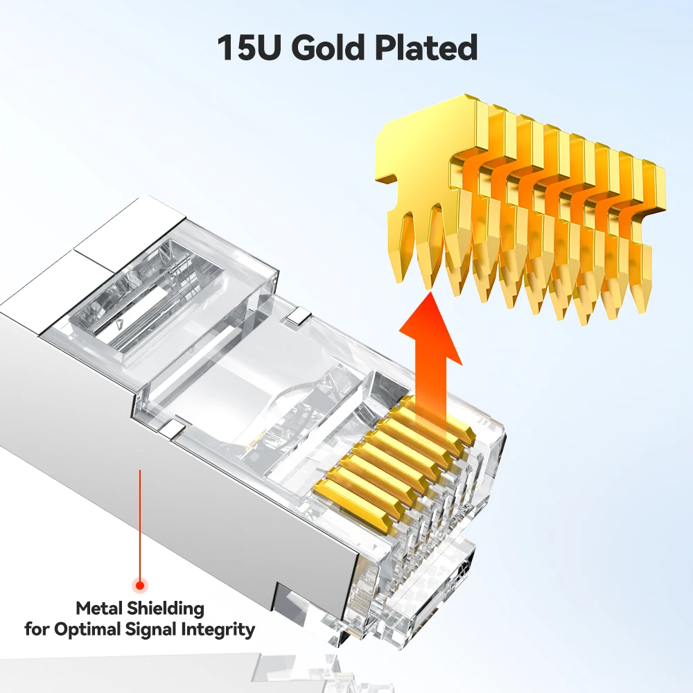 Denswire STP RJ45 Cat6 Pass-Through Connectors, FTP Crimp Modular Plugs, 3-Prong for Solid and Stranded Cable, 8P8C Design