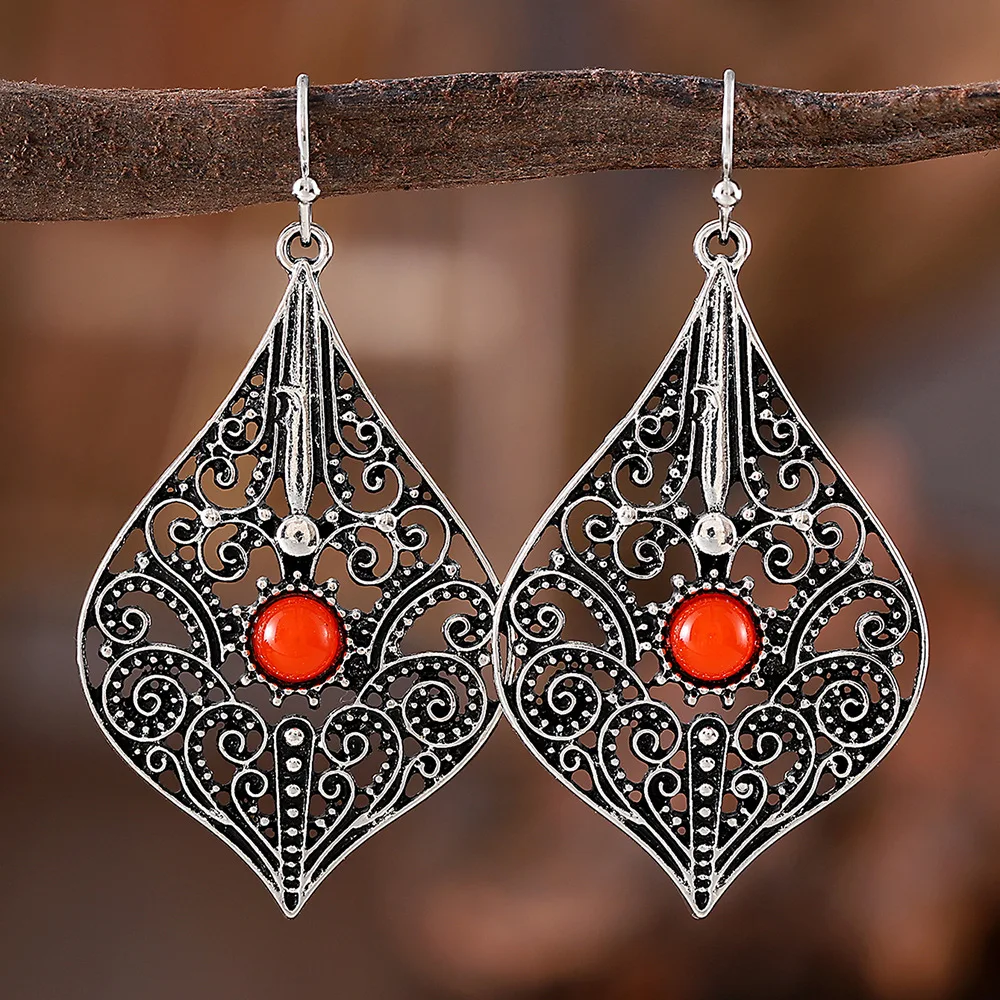 Pendientes de Hoja Hueca con Incrustaciones de Piedras s de Estilo Étnico Retro, Joyería de Oreja con Personalidad de Nic...
