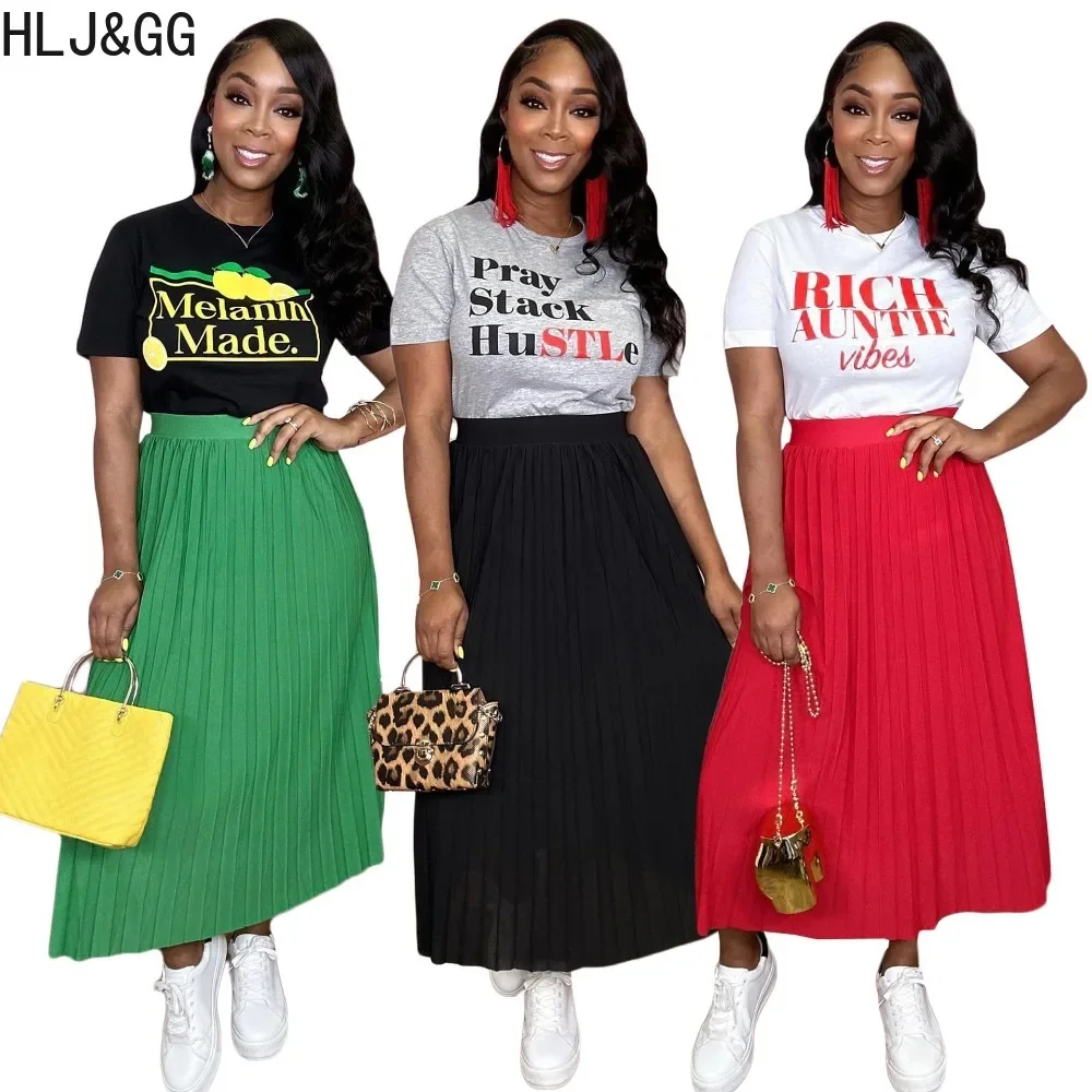 HLJ&GG Casual Letter Print Pleated Skirts Two Piece Sets Women O Neck Short Sleeve Tshirt And Skirts Outfit Female 2pcs Clothing