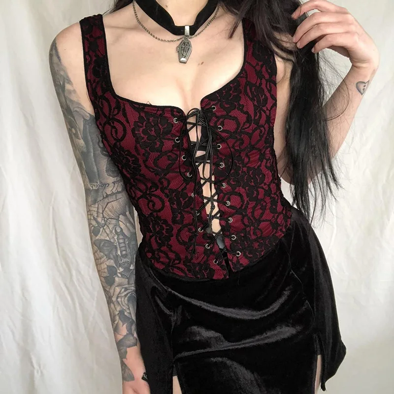 

Y2k Goth Red Lace Camis Tops Sexy Tight Aesthetics Punk Floral Lace Tank Top Women Trend Corset Tops Vests Streetwear Vintage