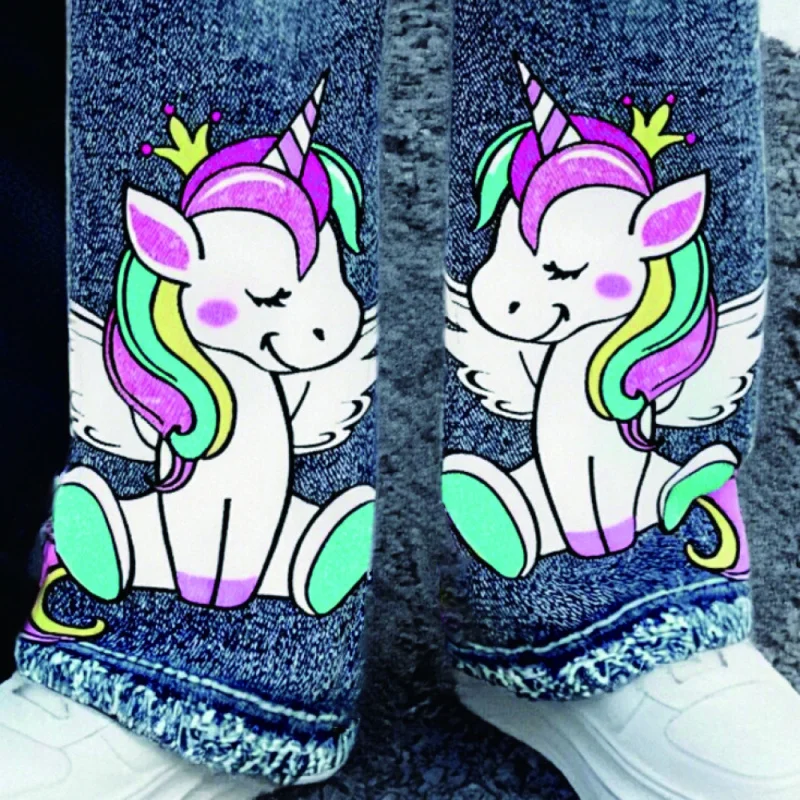 Мода для девочек Y2K в уличном стиле 2025 года — винтажный милый принт единорога — детские свободные широкие брюки из искусственного денима