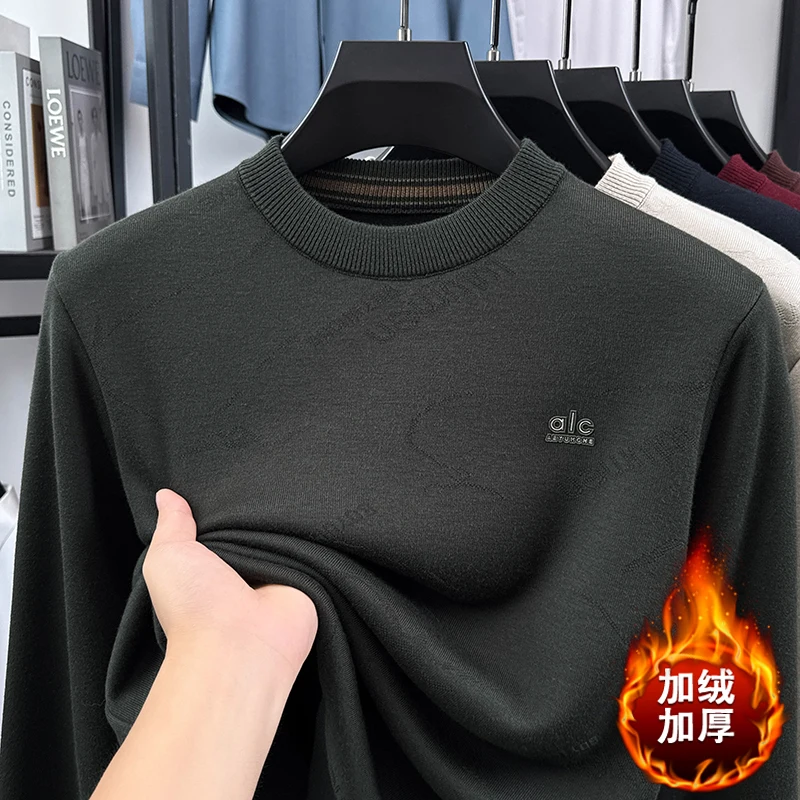 Thickened Men's Sweater with Added Fleece, Winter Round Neck Outfit, Base Coat, One-piece Fleece Warm Knit Sweater