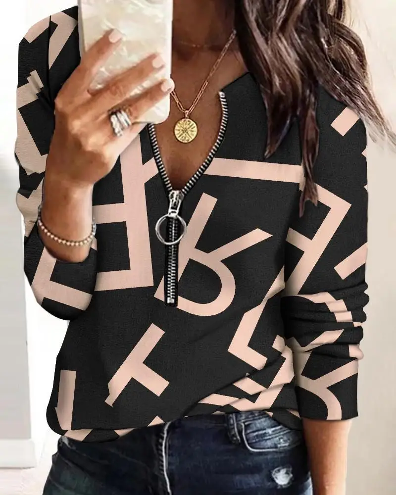 Spring Elegant Women's Zipper Blouse Tops Spring Casual Print Long Sleeve Pullover T-shirt Women Shirts 2024 New Female Clothing