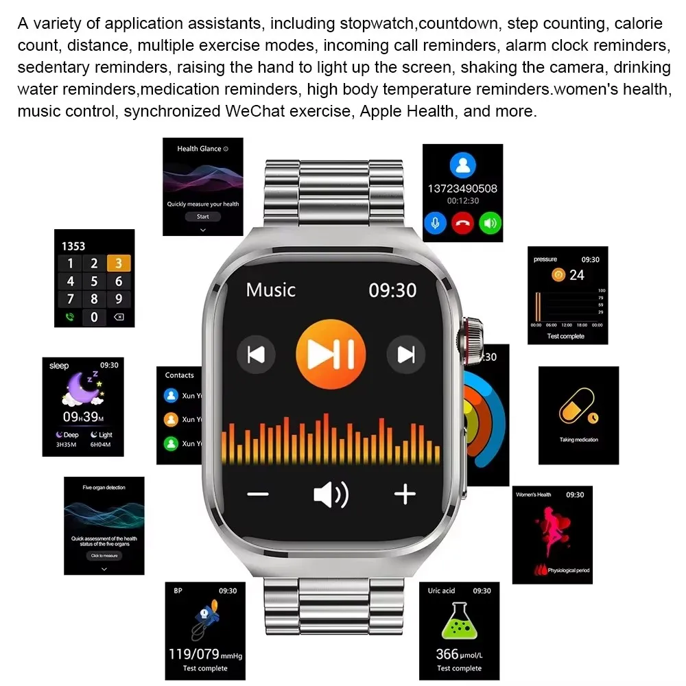 Новые 2,04-дюймовые AMOLED Bluetooth-вызовы Новые умные часы для здоровья Мужские часы ЭКГ Часы с мочевой кислотой и липидом в крови Наручные часы SOS Sports Sm