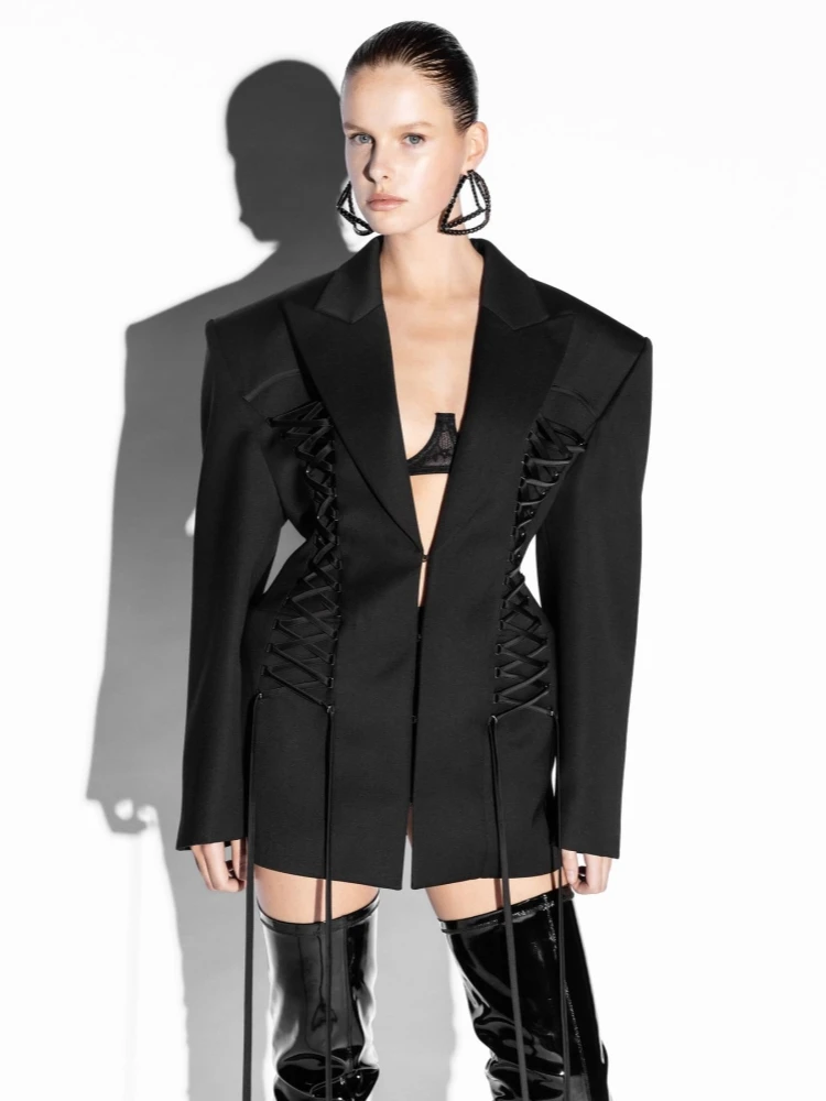 Winter Sexy Deep V Neck Spliced Lace-up Blazer Women Black Long Sleeves Covered Button Slim Jacket Coat Evening Party Cocktail