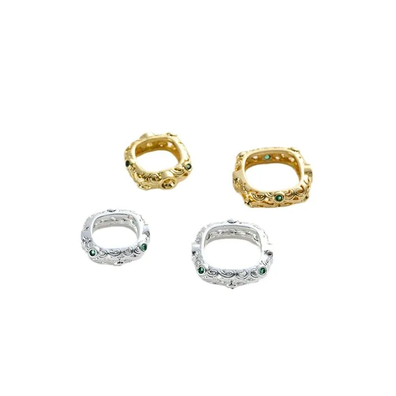 Copper 18K Gold Silver Inlaid Green Zirconium Square Retro Set Bead Ring Handmade DIY Beaded Bag Bead Ring Jewelry Accessories