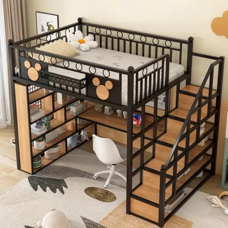 Wrought iron elevated bed sheet upper layer children's loft duplex second floor  with ladder fence  under table combination bed