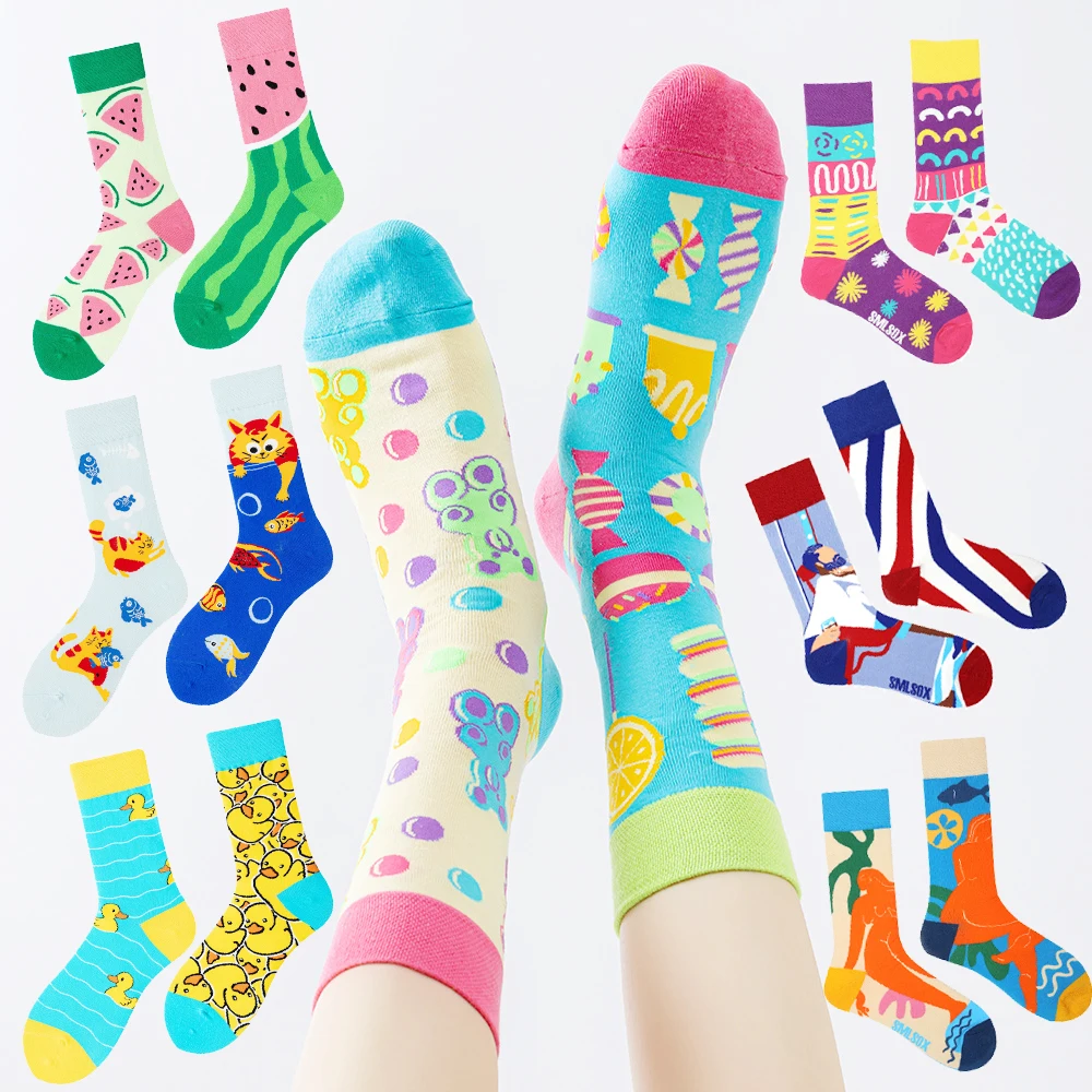 

1 пара мужских и женских носков, оригинальные носки AB Tide, разноцветные носки, хлопковые носки с цветами, фруктами, конфетами, повседневные подарки другу