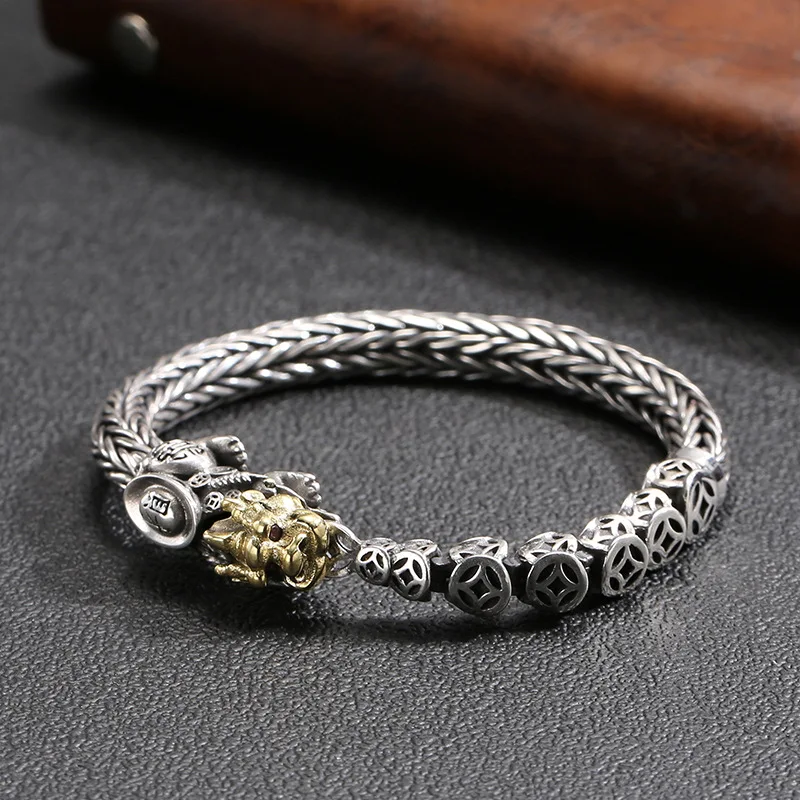 

Chinese style national trend s925 sterling silver pixiu men's bracelet retro handmade fox tail chain money pixiu ethnic style