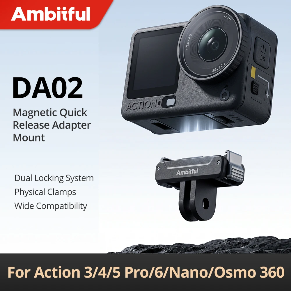 AMBITFUL DA02 Adaptateur magnétique à deux griffes pour caméra d'action, support à dégagement rapide pour Action 3/4/5 Pro/6/Nano/Osmo 360