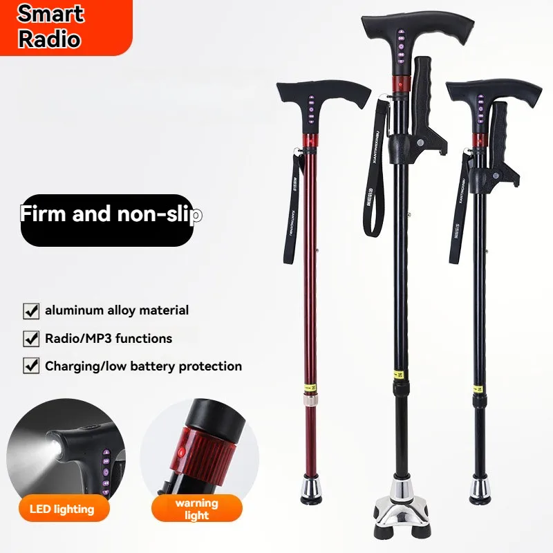 

Folding and stretching walking stick, elderly walking stick, anti slip four legged multifunctional radio with LED lights and MP3