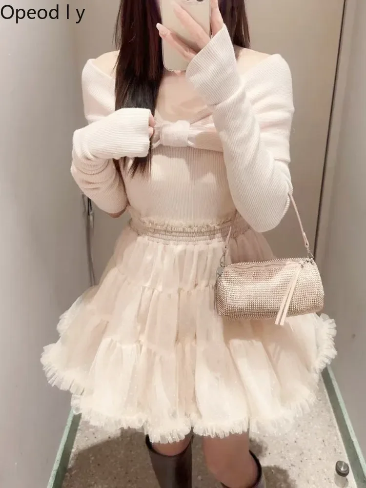 Spring 2026 Ballet Style One-word Collar Off-the-shoulder Top Japanese Original Detachable Sleeves Sweet Women Knitted Sweater