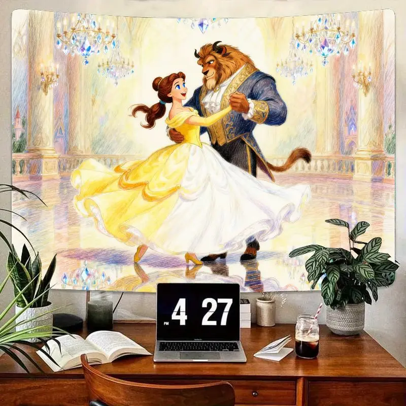 

1PC Disney Princess Belle & Beast Ballroom Tapestry, Fairy Tale Polyester Wall Art. Elegant Room Decor & Gift for Disney Fans.