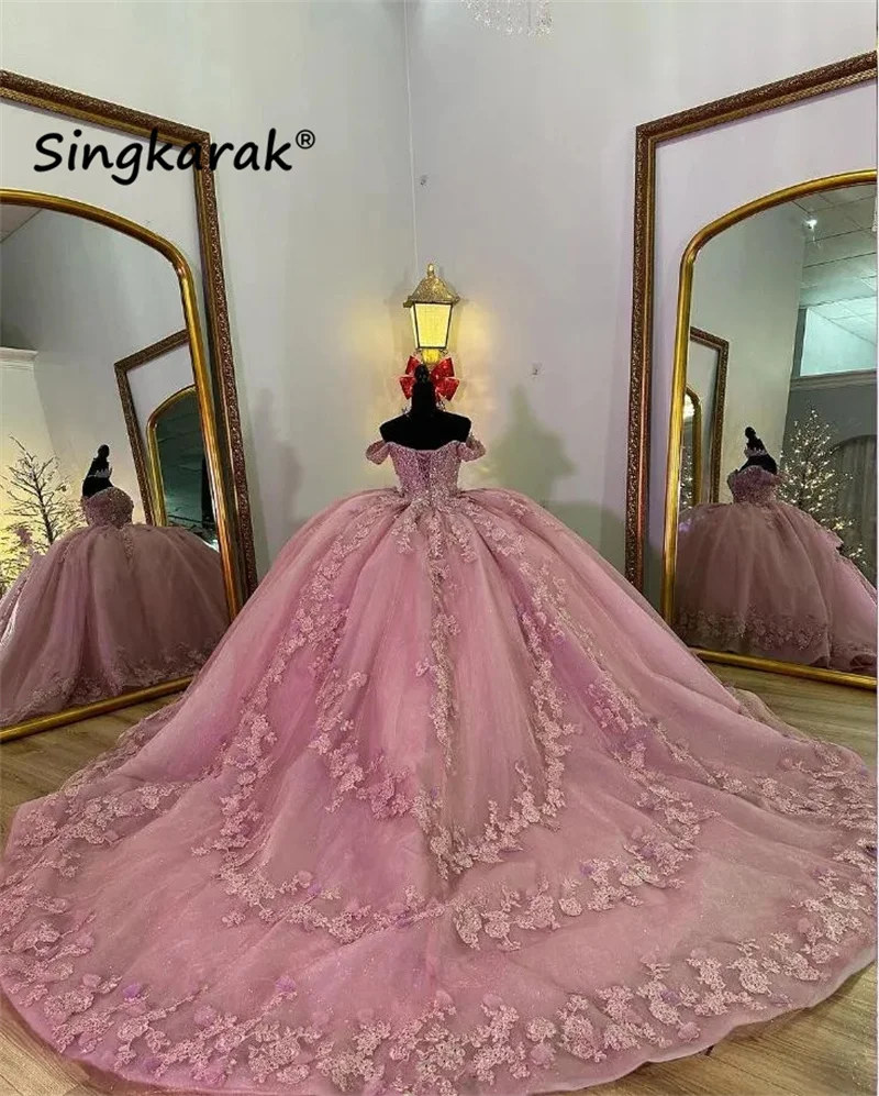 Pink Off Shoulder Beading Crystal Princess Quincenara Dresses Ball Gown Flowers Appliques Lace Sweet 15 XV  Customized