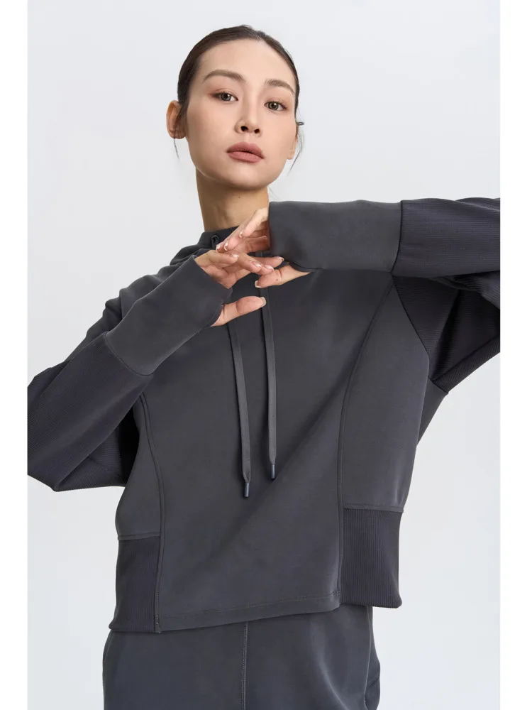 

Spring Modal Air Layer Hooded Drawstring Hoodies 2024 Women High Waist Cool Comfortable Spliced Sports Tops