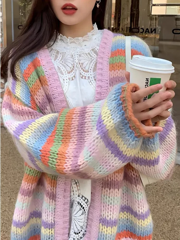 

Rainbow Striped Sweet Cardigan Sweaters Women Korean Lazy Wind Loose Knitted Coat Tops Vintage Long Sleeve Preppy Style Clothes