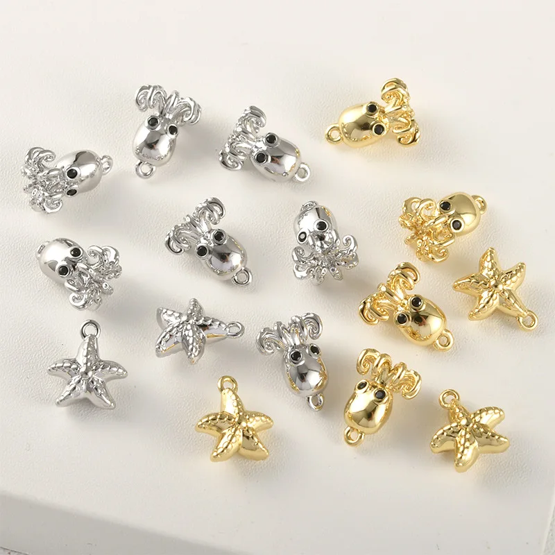 14k Gold Color Cute Three-dimensional Little Octopus Starfish Small Pendant DIY Bracelet Necklace Ear Jewelry Accessories