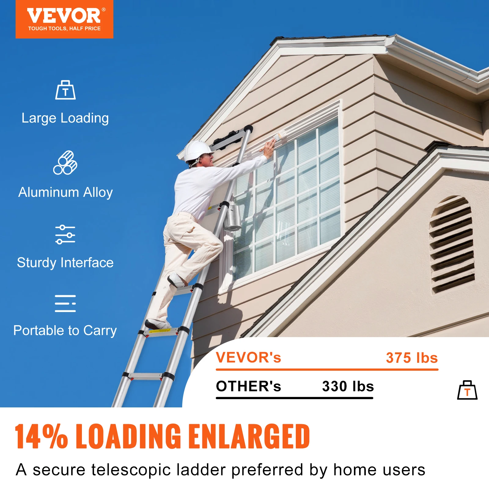 VEVOR Telescoping Ladder 12.5 FT Aluminum One-Button Retraction Collapsible Extension 375 LBS Capacity w/Non-Slip for Home RV