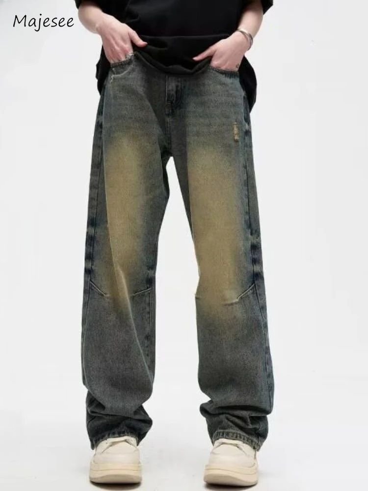 Vintage Jeans Men High Street Washed Vibe Stylish Grunge American Style Spring Autumn Trousers Denim 90s Bleached Popular Male