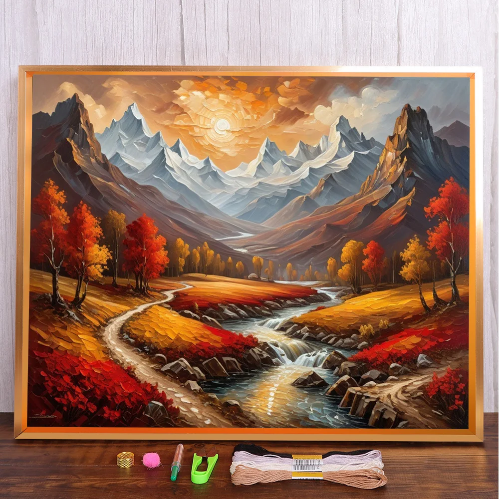 Landscape Sunset River Cross-Stitch Complete Kit Embroidery Craft Handiwork Needlework Handmade Promotions For Adults Package