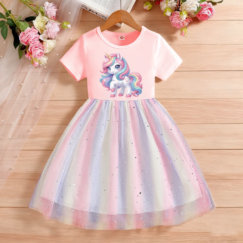 Robe d'été pour filles, motif dessin animé, mode enfant, princesse arc-en-ciel, robe de fête mignonne à manches courtes pour bébé fille, licorne, 3-9 ans