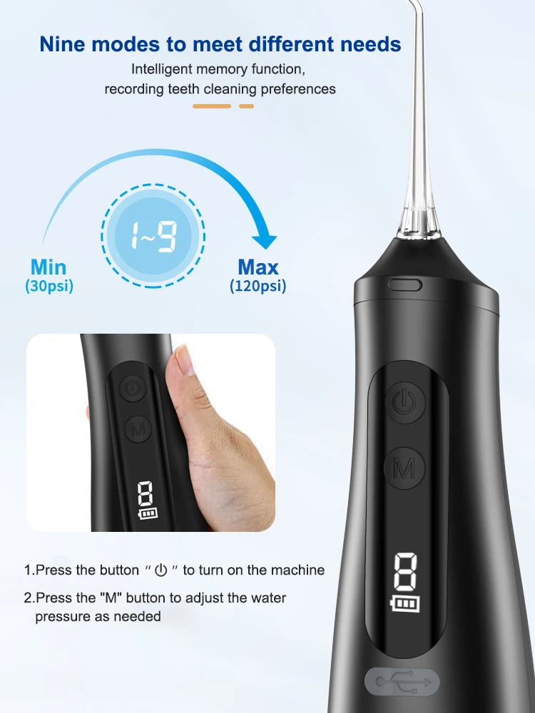 Dental Oral Irrigator Water Flosser Smart Display 9Mode Portable Water Jet Floss Rechargeable Tooth Pick 350ML Teeth CleanerIPX7