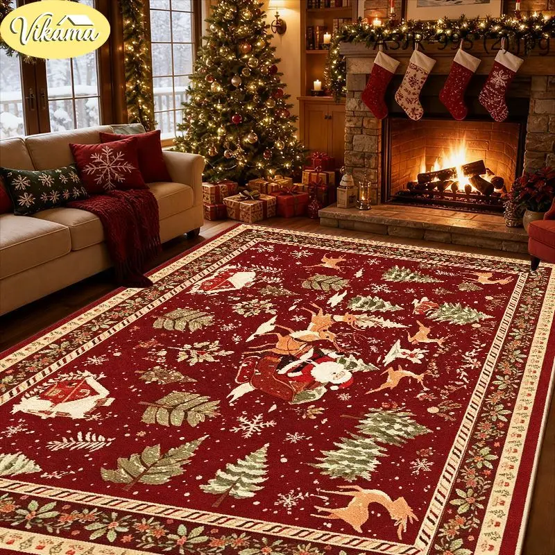 VIKAMA Christmas Large Rug Santa Sleigh Pine Snowflakes Plush Soft Area Carpet for Living Room Bedroom Home Xmas Decor
