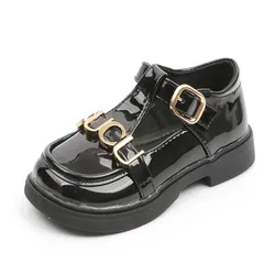 metal chain girls' Lacquer leather shoes college style black student single shoes 2023 spring/autumn new children's shoes