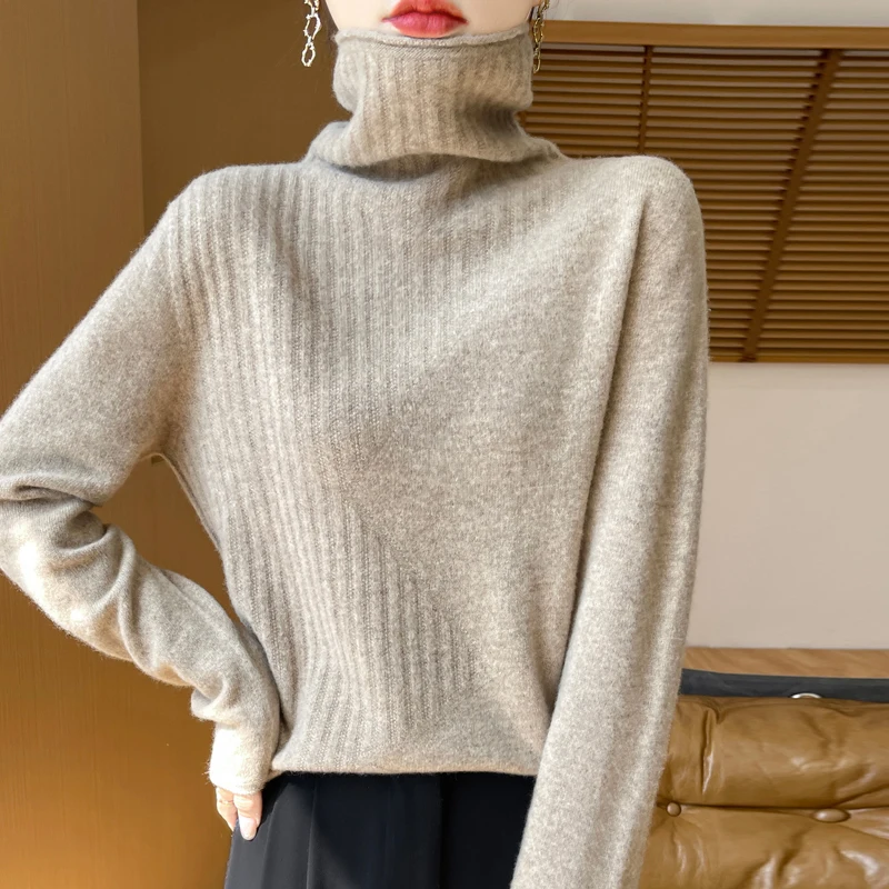 Pull en tricot 100% laine pour femme, pull sans couture, col haut bouclé, manches longues, style asymétrique, chaud, hiver, mode