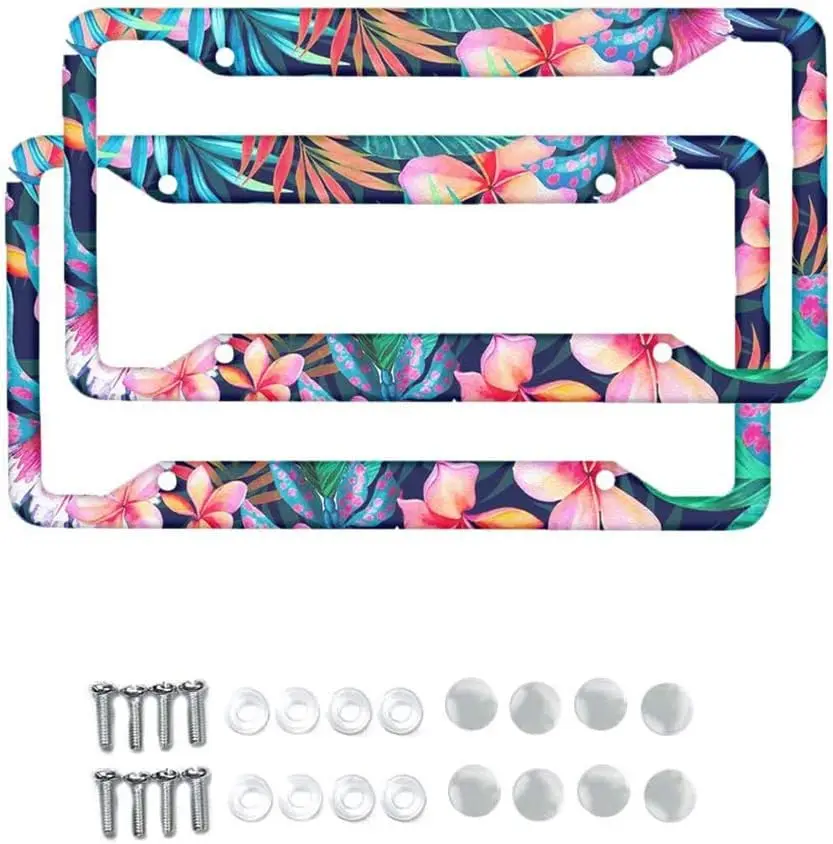 2 Pieces Hawaiian Hibiscus Floral License Plate Frame Decor License Plate Cover Tropical Flower License Plate Frame with 4 Holes