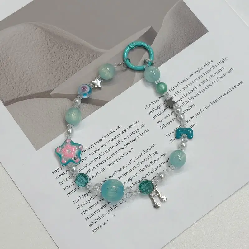 Ins Popular Light Blue Beaded Phone Charm Strap Anti-Loss Star Pearl Bow Accent for Women Phone Purse Hanging Decor - view 2