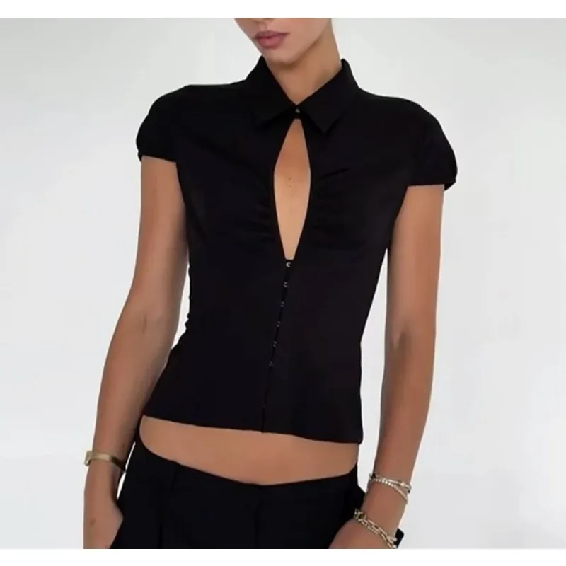 

Spring and Summer 2026 New Fashion Spice Girl Cardigan Breasted Lapel Short-sleeved T-shirt Top