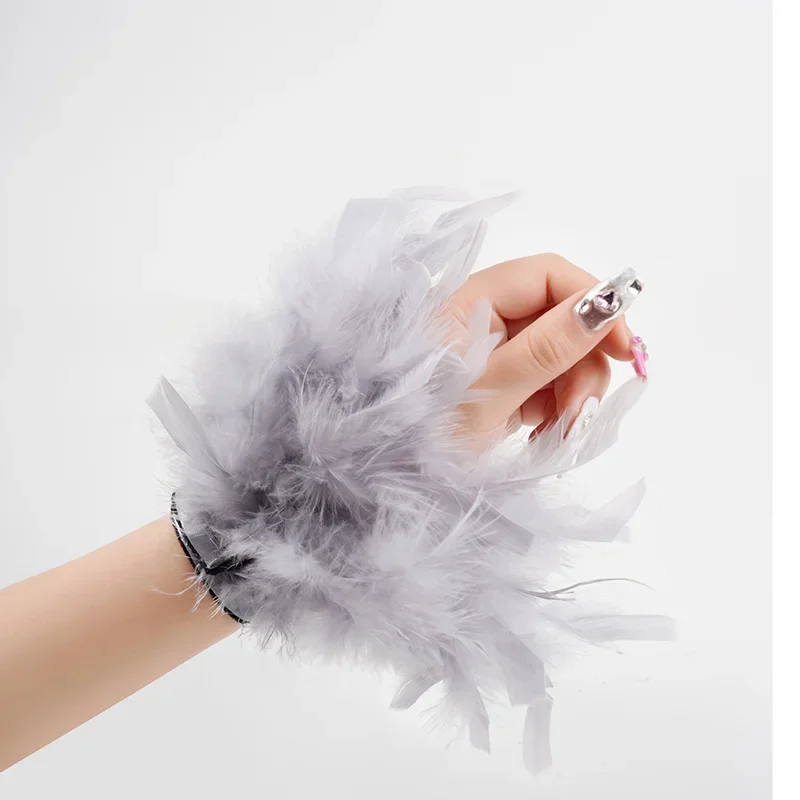 MPPM Natural Fur Feather Cuffs Sexy Snap On Bracelet Arm Cuff Shirts Sleeves For Women Real Ostrich Feather Anklet Wrist Cuff