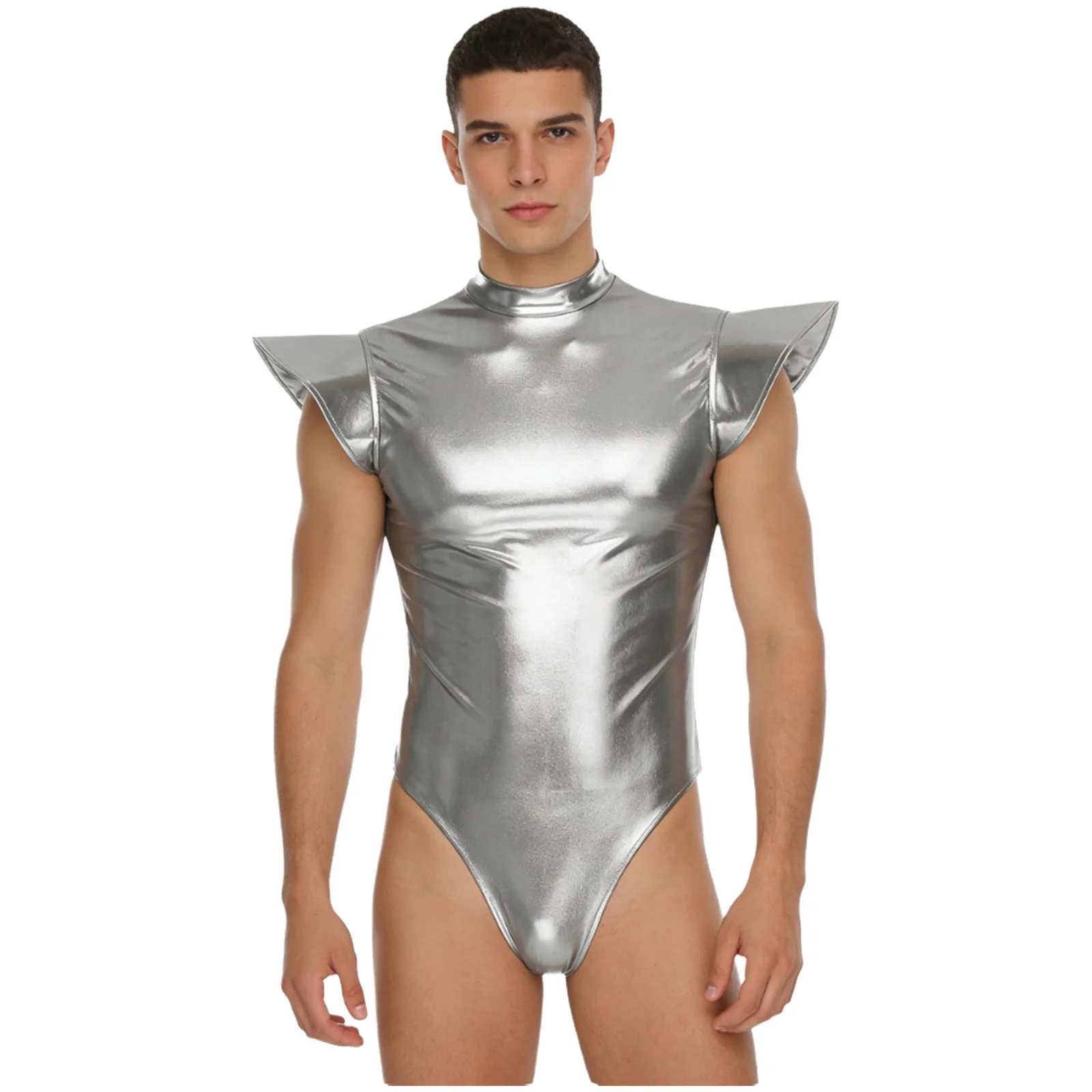 Mens Swimwear Metallic Shiny Bodysuit Fly Sleeve Mock Neck Leotard One-piece Swimming Jumpsuit for Club Dance Alien Costumes