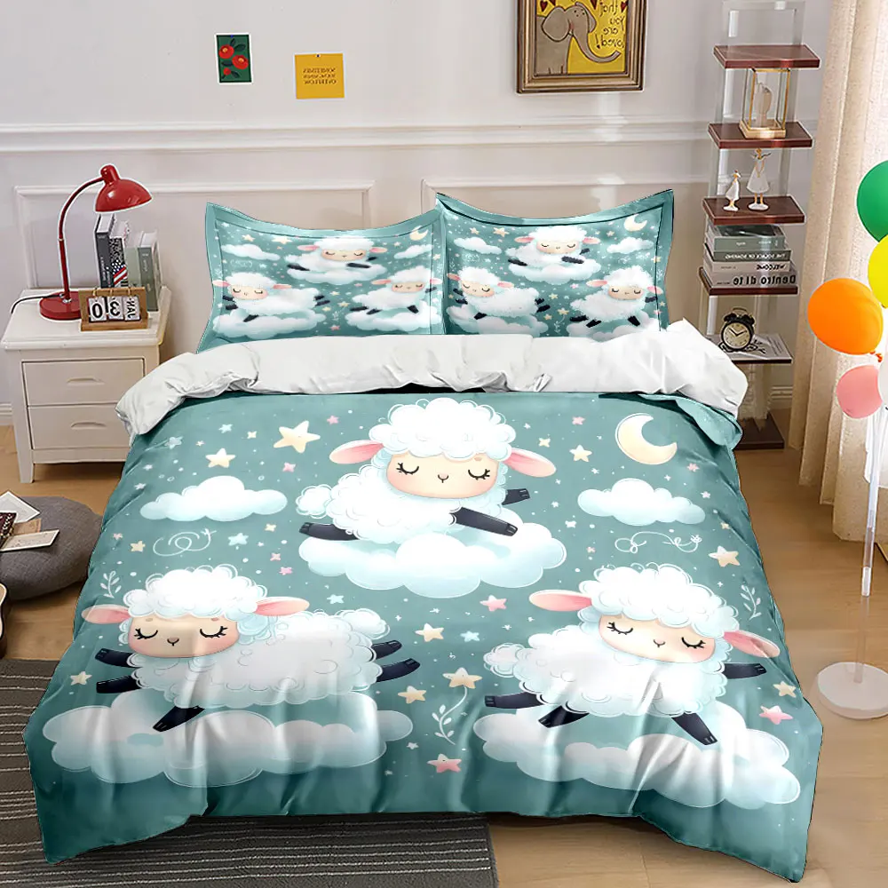 Dreamy Cloud-Jumping Sheep Duvet Cover Set with 3D Printing Design Soft Polyester Bedding Set All-Season Comfort for gifts