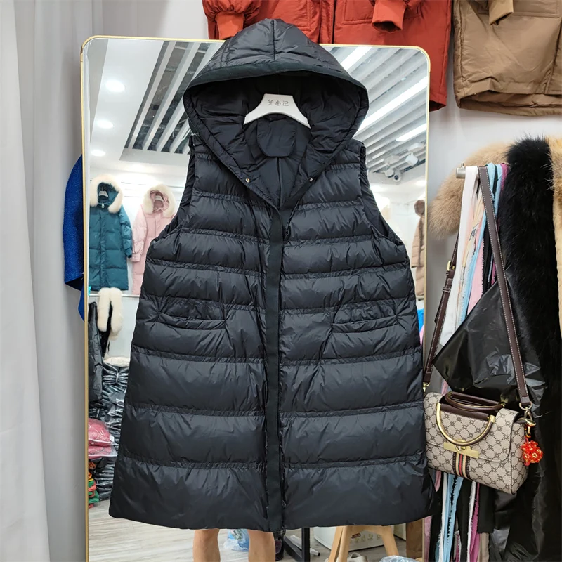 

2025 Winter Women Puffer Jacket Light Long Hooded 90% White Duck Down Vest Female Casual Waistcoat Loose Sleeveless