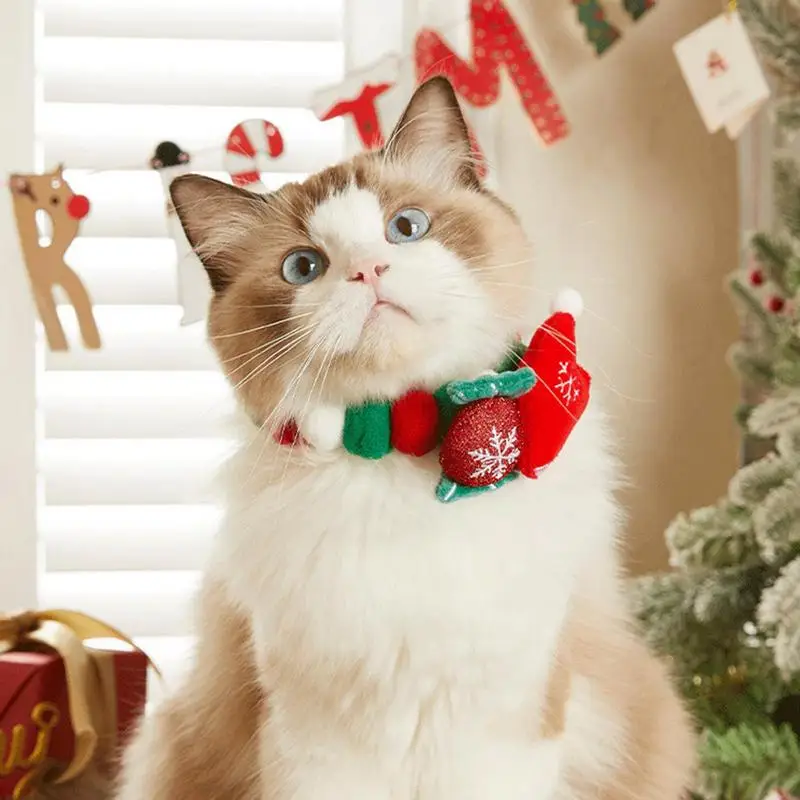 Christmas Cat Collar Holiday Pom Pom Pet Collar Christmas Pet Dress up Accessories Cute Candy Hat Elastic Pet Collar for Cat Dog