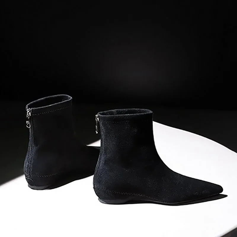 TRAF botines de cuña de gamuza sintética para mujer, zapatos de tacón interior con punta puntiaguda para invierno, botas cortas negras desnudas para mujer, versátiles