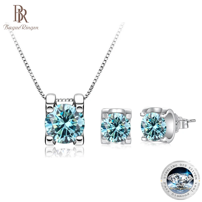 BagueRingen 1ct D Clolor Moissanite zestawy biżuterii 925 srebro wesele kolczyki naszyjnik dla kobiet zestawy ślubne prezenty