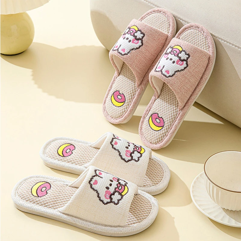

Льняные женские тапочки с мультяшным принтом, домашние, всесезонные, дизайнерские, 2026, конопляные, летние, комнатные, парные, мягкие, нескользящие, для пола
