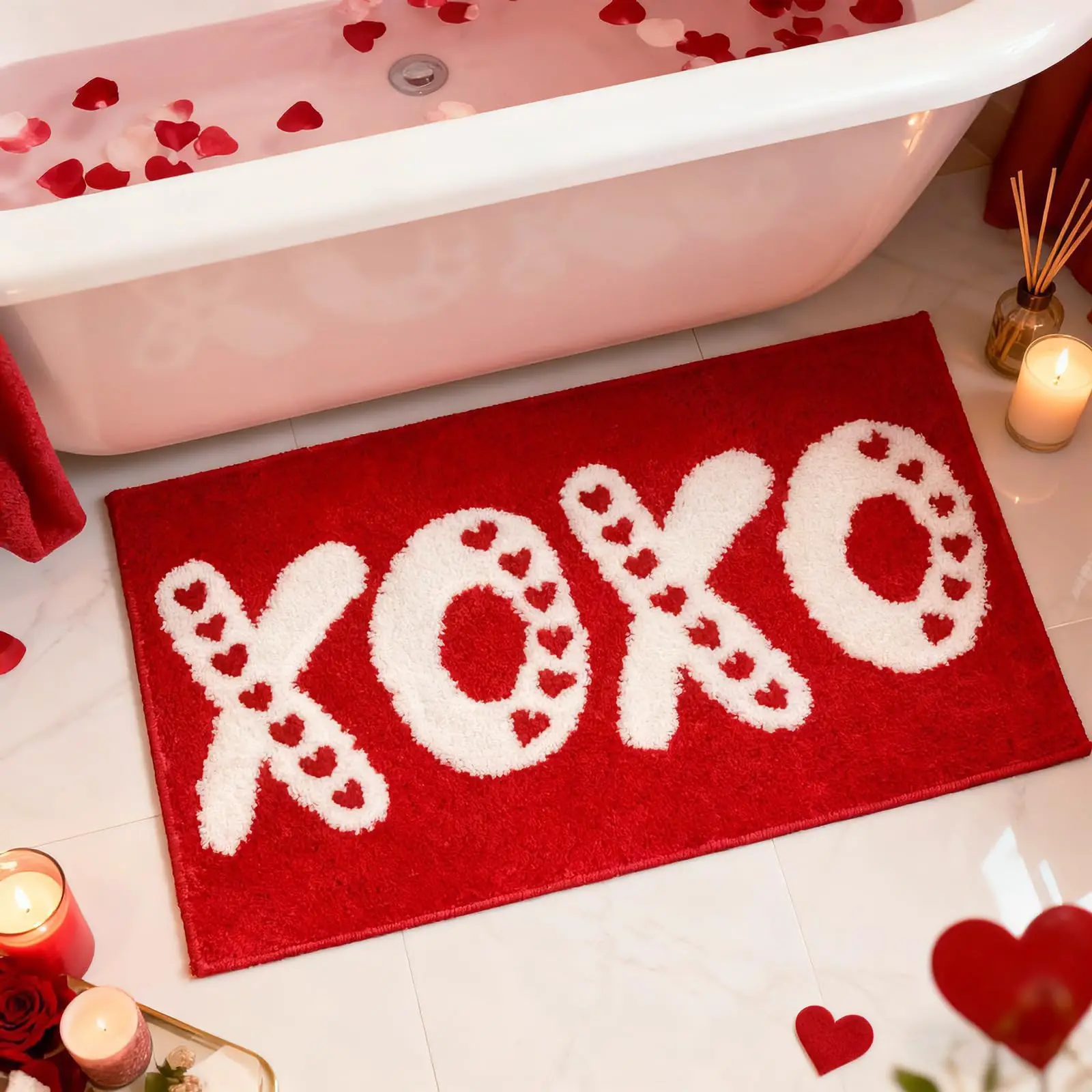 VIKAMA Valentinstag-Badezimmerteppich, rot, XOXO Love Heart, Badematten, rutschfest, saugfähig, Duschteppich, Haustürmatte, Heimdekoration