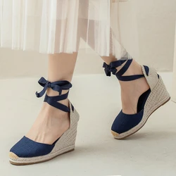 Cap Toe Platform Wedges Sandals for Women, Classic Soft Ankle-Tie Lace up Espadrilles Shoes