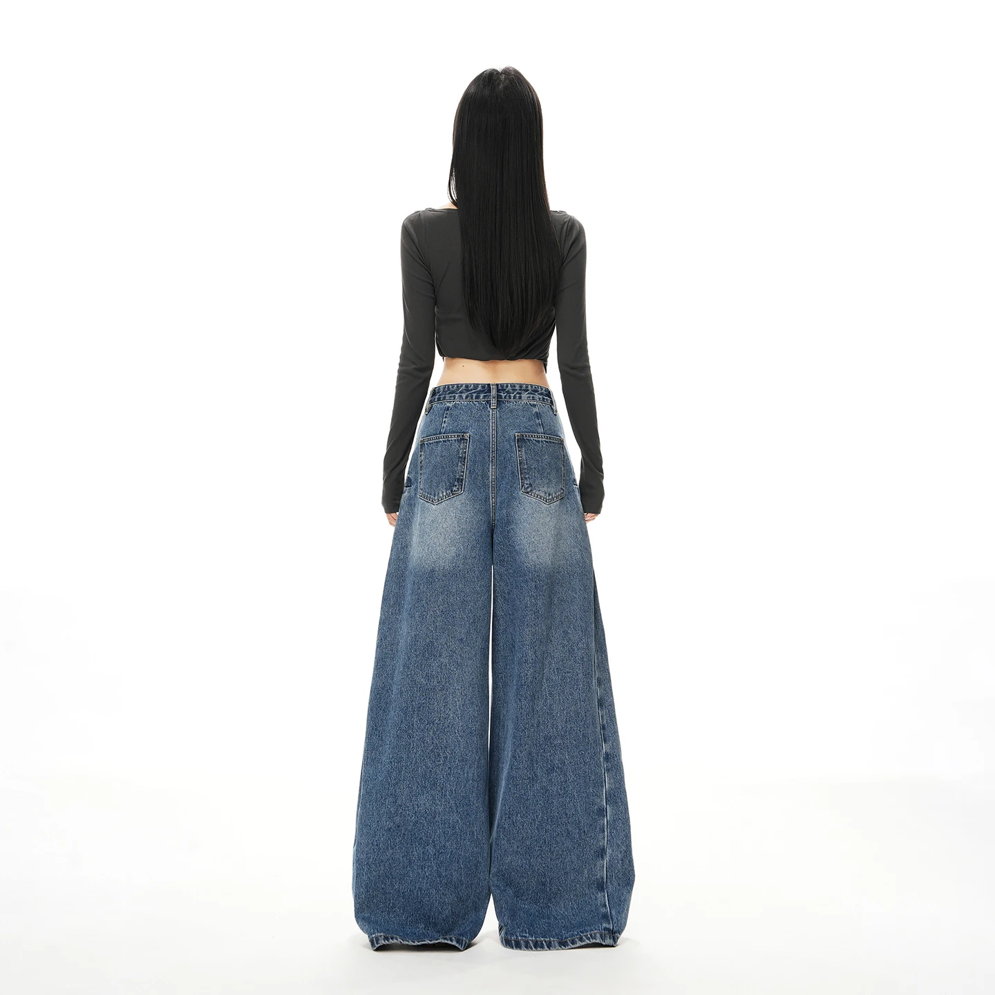 루즈 진 여성 Y2K 캐주얼 슬림 핏 레트로 플리츠 구조 디자인 하이 웨이스트 와이드 레그 플레어 바지 신상