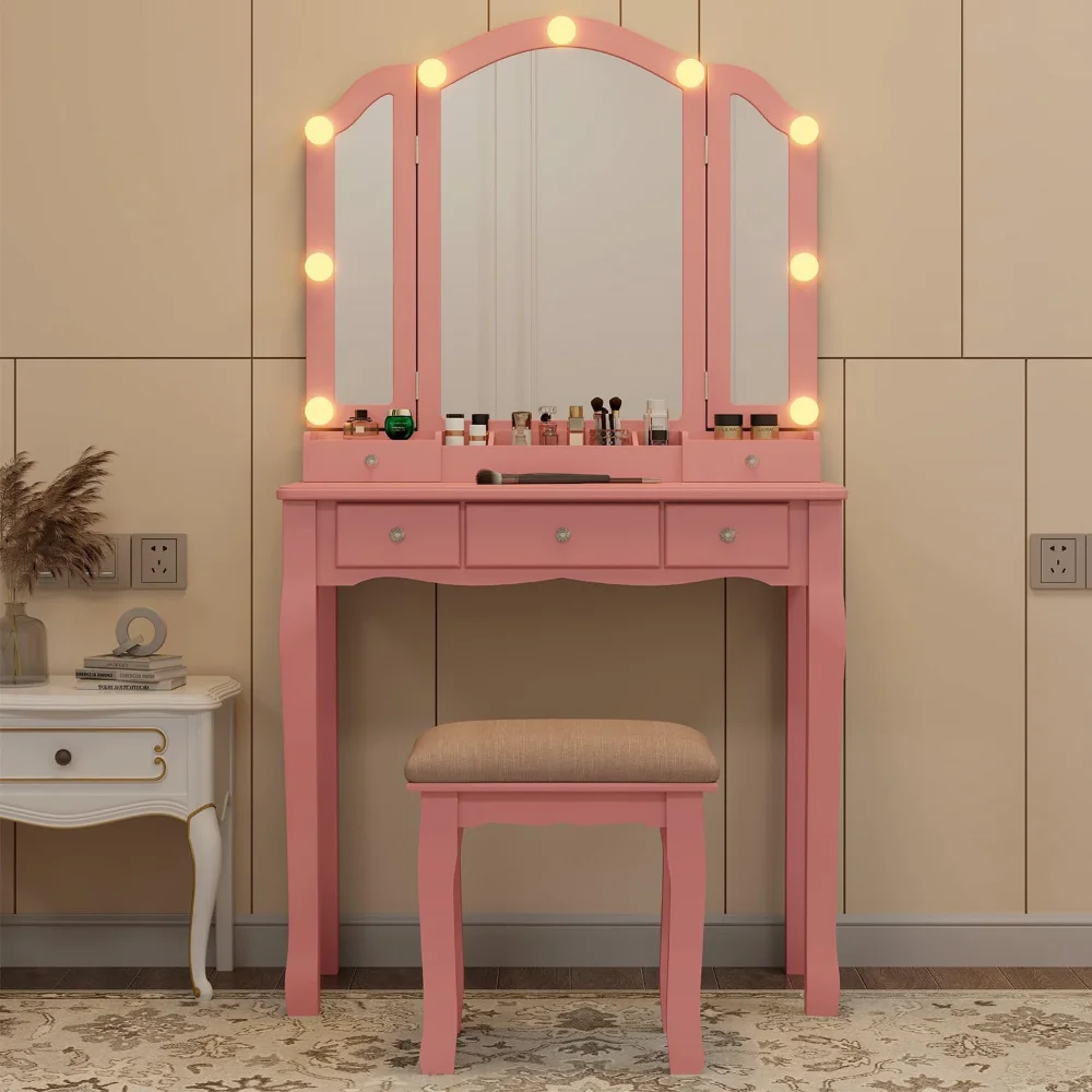 

Pink Makeup Vanity Desk Vanity Table Mirror with Lights Teen Vanity Set with Mirror