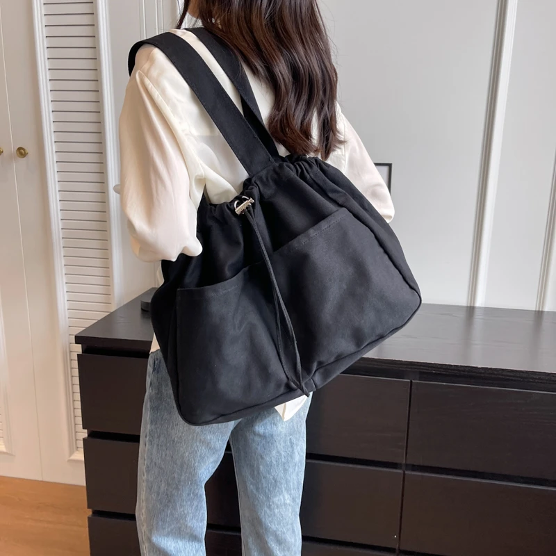 Drawstring Bucket Women's Bag Solid Canvas Shoulder Bag Casual Big Handbag Quality Tote Bag Vintage Sling Bag Y2K Eco Bag Korean