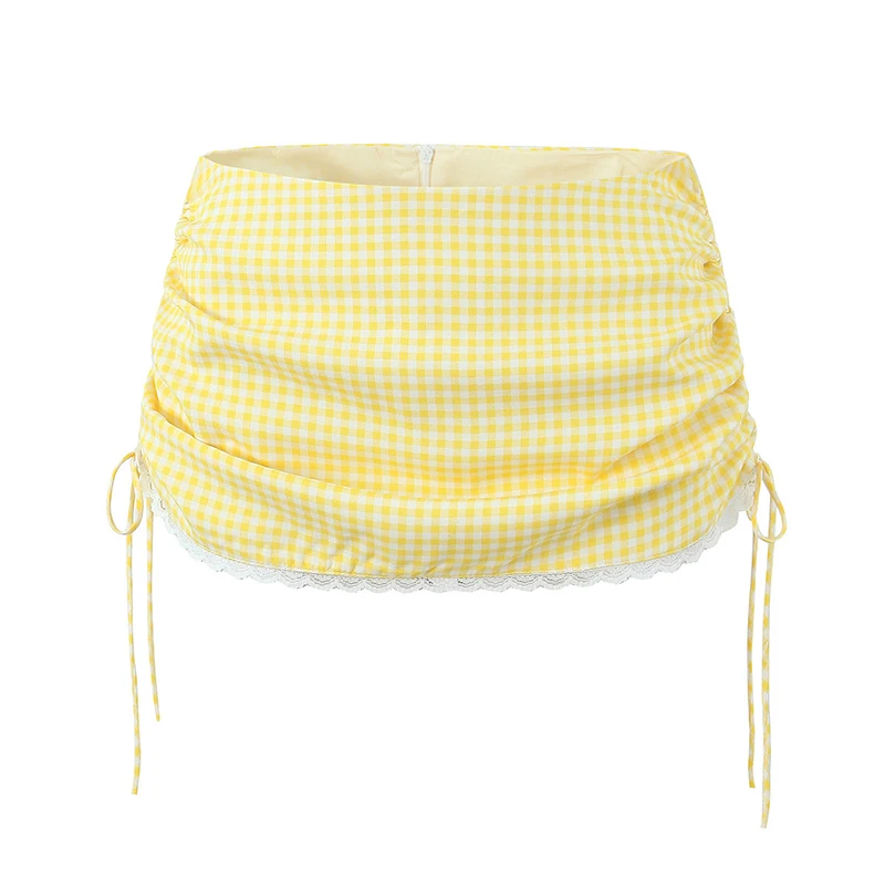 YENKYE Hotsweet Girl Sexy Low Waist Drawstring Mini Skirt Lace Spliced Back Zipper Summer Plaid Skirts Cotton