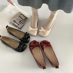 Retro Bowknot Patent Leather Women's Ballet Flats Shoes Autumn Slip on Flat Shoes Round Toe Flat Loafer Female Mary Jane Shoes