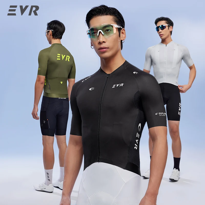 Camisa de Ciclismo EVR Summer Pro Masculina, Manga Curta, Roupa de Ciclismo para Estrada, Zíper Completo, Respirável, Secagem Rápida, Conjunto de Ciclismo